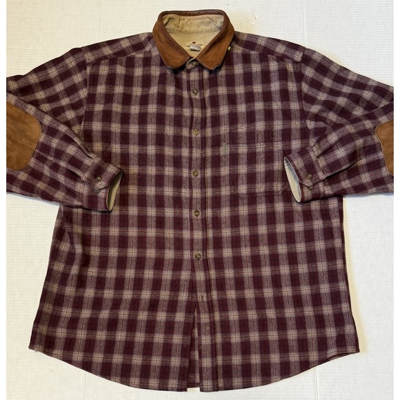 WOOLRICH Griffin - Men's Wool Blend Wine Plaid Elbow Patch Shirt - Size‎ X-Large - Picture 1 of 10